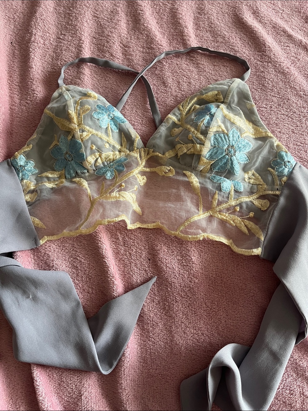 Sheer Embroidered Floral Bralette in Gray with Blue Flowers